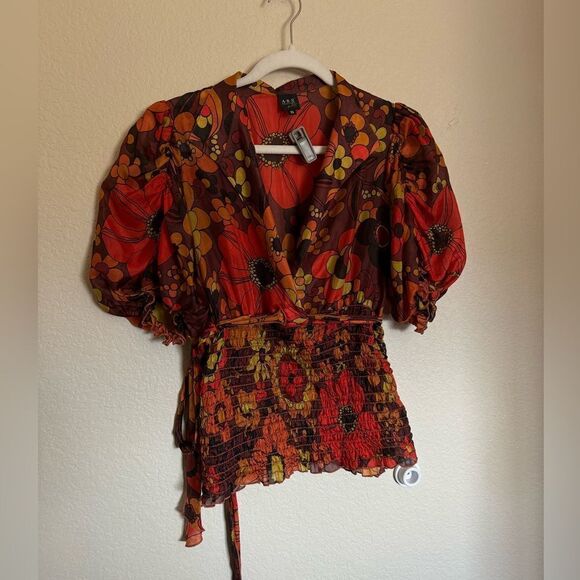 Vintage 80s Floral Silk Blouse Top Sz Small Puff‎ Sleeve Rust Orange Retro - Picture 2 of 6